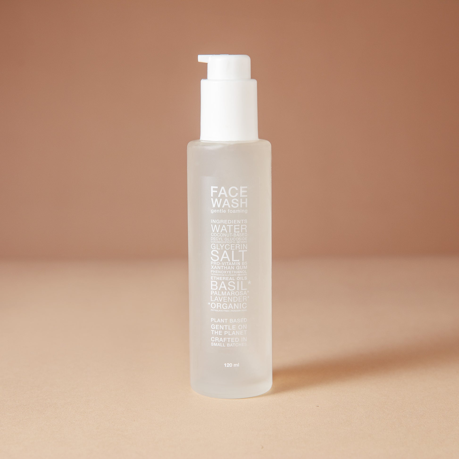 DEAR BOTANICS Face Wash in a 4 ounce frosted glass bottle with a white pump dispenser, set against a warm beige background.
